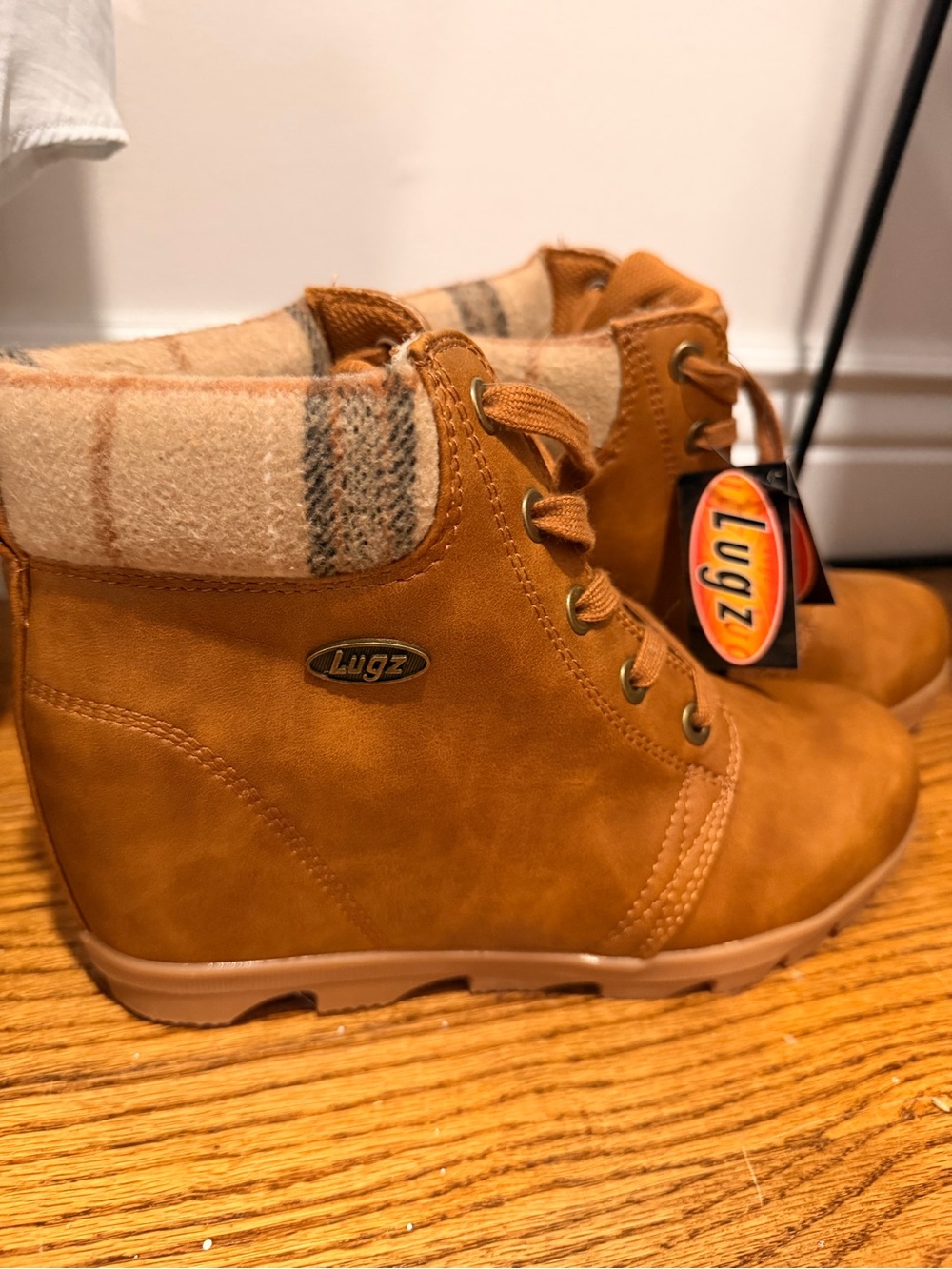 Lugz Women's Cognac Wedge Ankle Boots with Plaid Collar